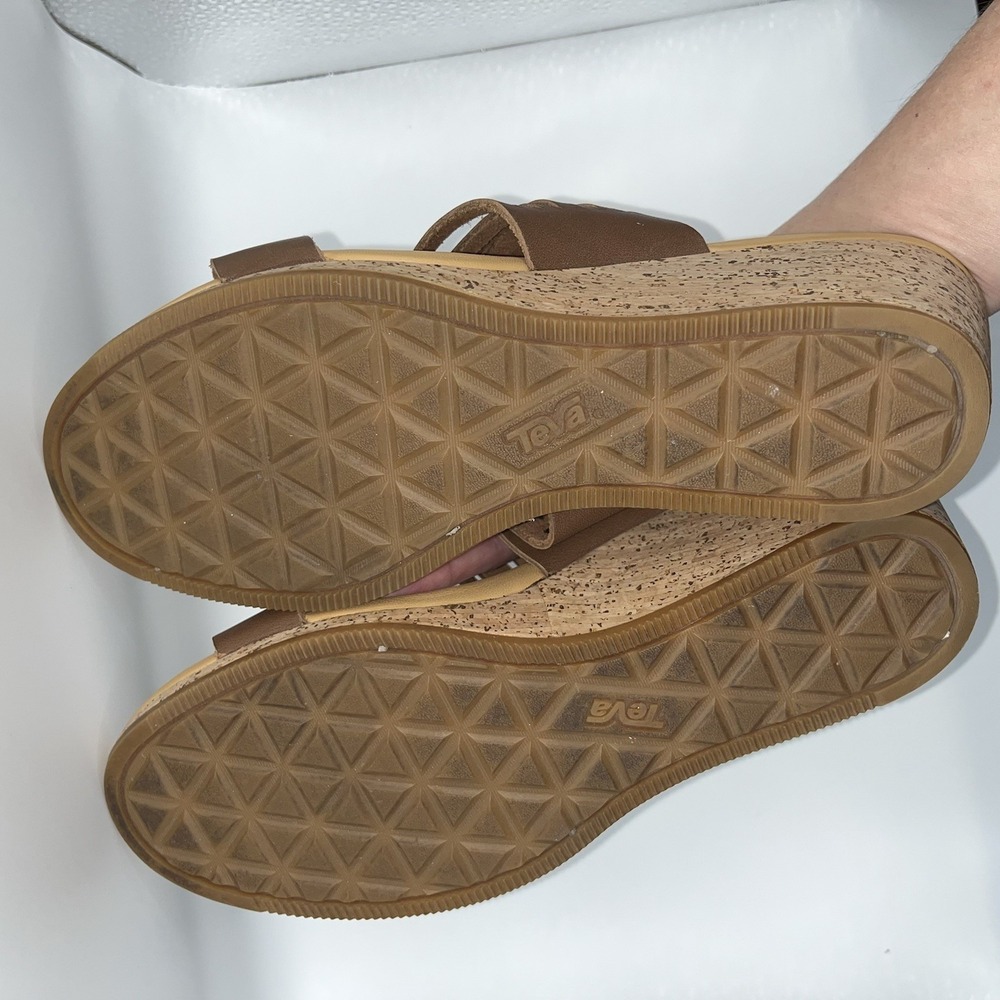 Teva Arrabelle Women's Sz 10 Brown Leather Cork Wedge Slide Sandals Heel - Picture 6 of 7
